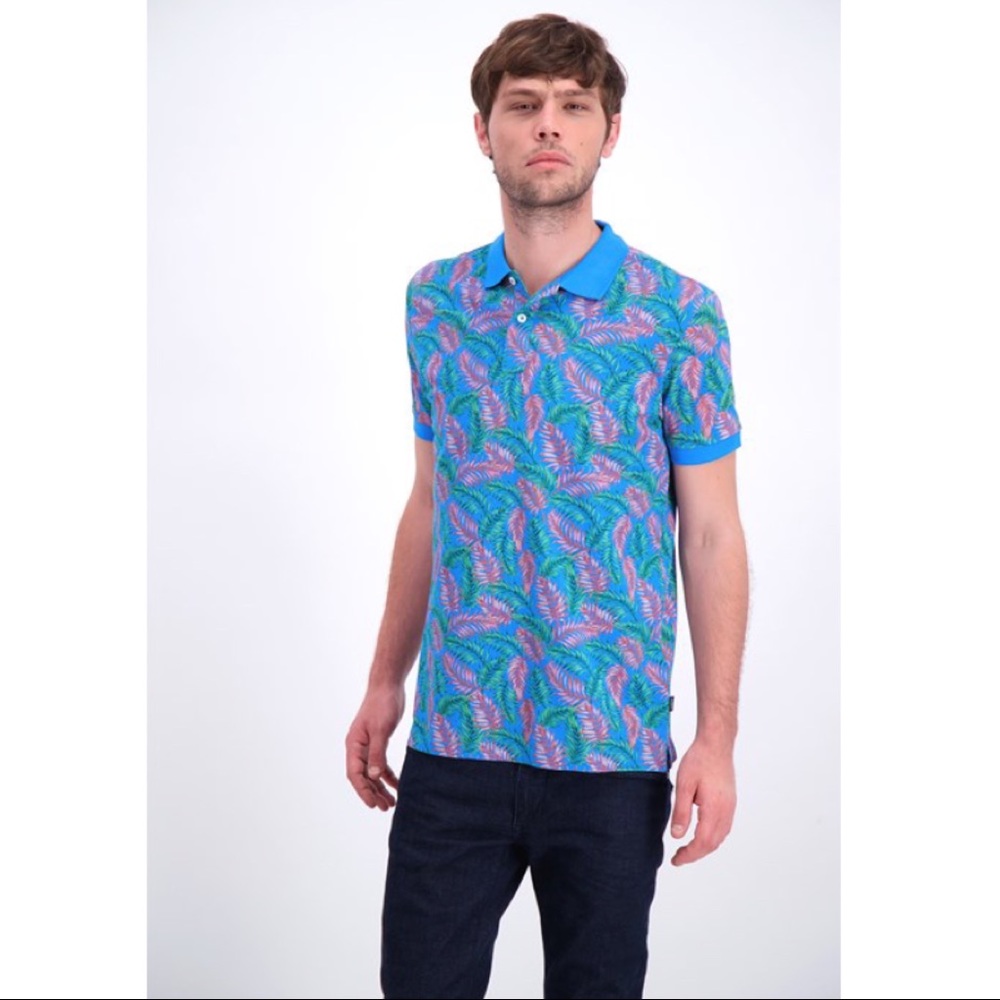 Lindbergh Blue Floral Polo Shirt Blue Palm Print Hawaiian Print Vacation Preppy